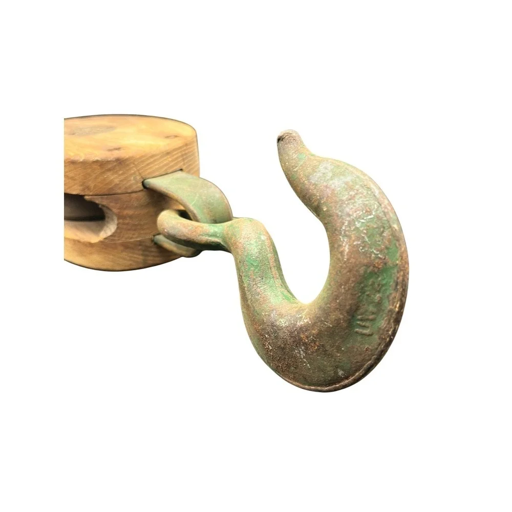 Vtg Primitive UW-6RB Wood Block & Tackle Pulley w/ Hook Farmhouse Nautical Decor